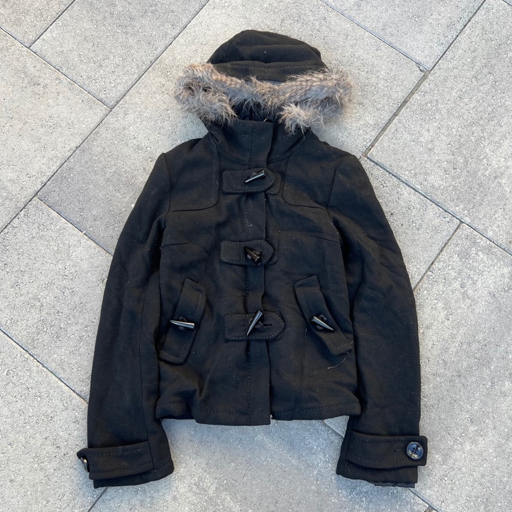 Black Toggle Duffle Coat with Faux Fur Trim Hood Women Small